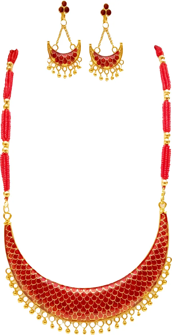 Assamese_Traditional_Gold_Plated_Red_Colour_Joonbiri_Tassel_Jewellery_Set_For_Women